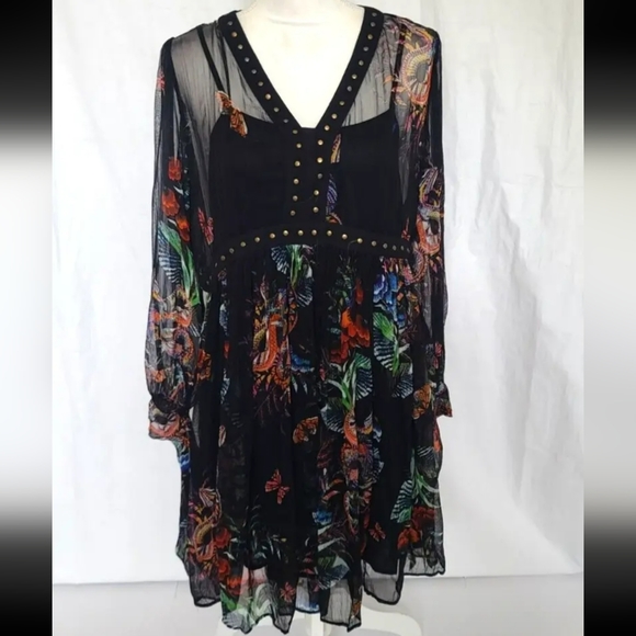 Anthropologie Maeve Black Green Nighttime Florals Sheer Dress US 8 - Picture 2 of 9